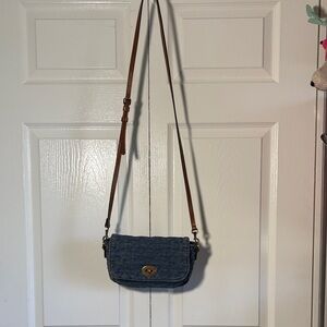 Quilted Denim Crossbody Bag with Brown Strap